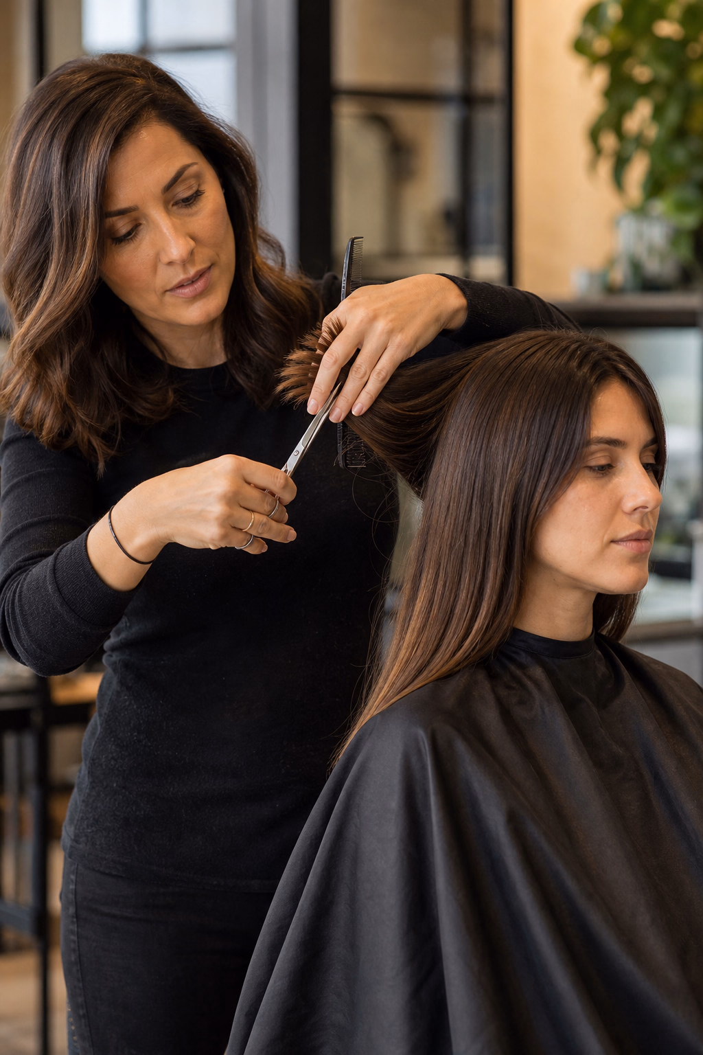 Profesional realizando un corte de pelo en una peluquería.