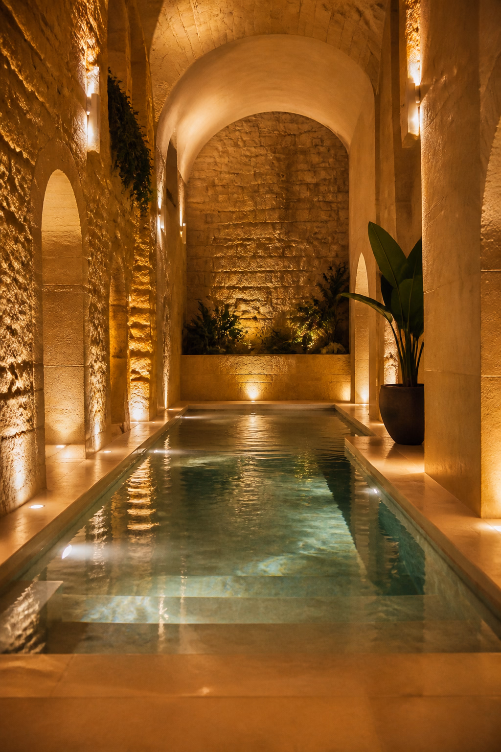 Piscina interior de un spa con iluminación cálida.